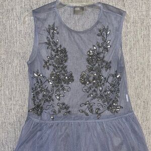 Elegant Gray Sleeveless Dress with Black Embellishments